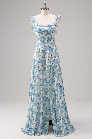 White Blue Flower A Line Square Neck Maxi Dress with Slit